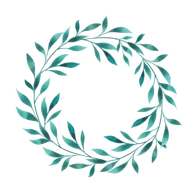 Floral emerald green round wreath frame blank template isolated on white Watercolor leaves