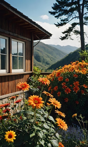 Photo floral escape mountain house with a distant vista