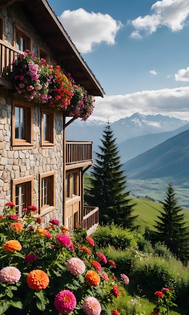 Photo floral escape mountain house with a distant vista