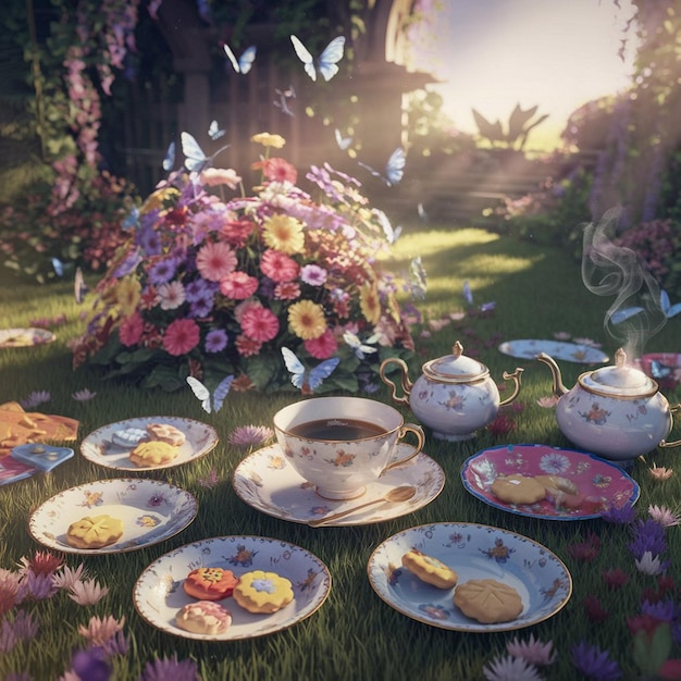 Photo floral fantasies a tea party with butterflies and biscuits