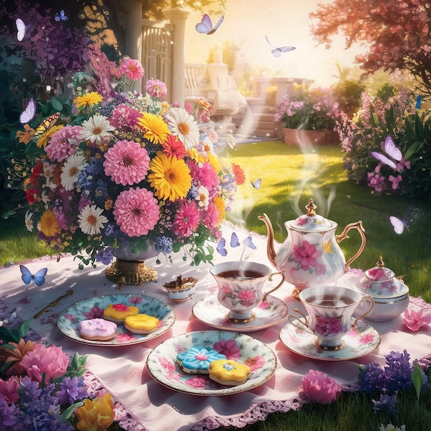 Photo floral fantasies a tea party with butterflies and biscuits