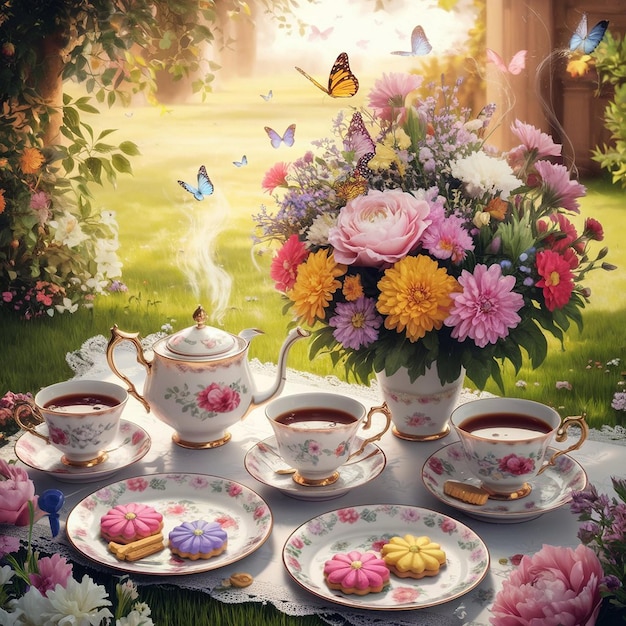 Photo floral fantasies a tea party with butterflies and biscuits