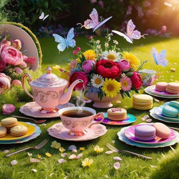 Photo floral fantasies a tea party with butterflies and biscuits