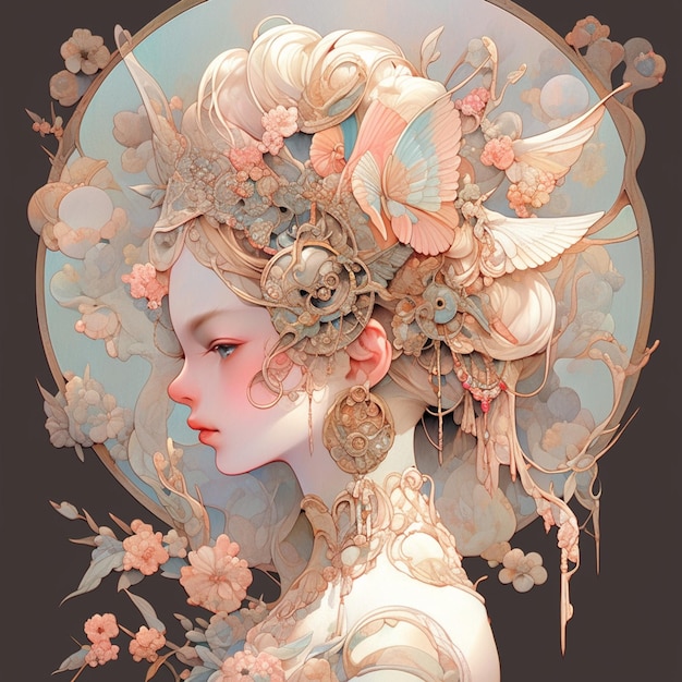 Floral feminine antique with epic technology Generative Ai