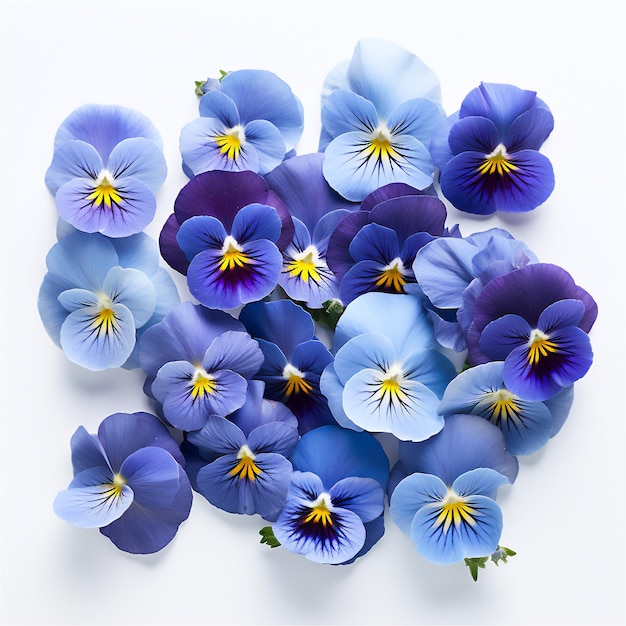 floral flatlays with pansies on white background