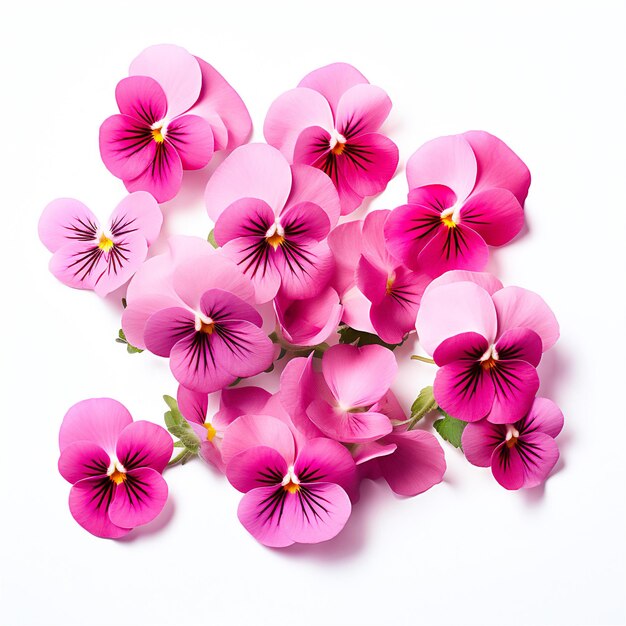 floral flatlays with pansies on white background