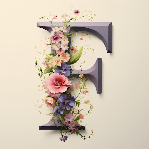 Floral font with flowers and leaves Letter F 3d rendering