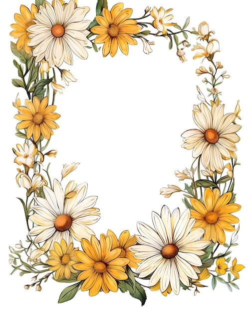 Floral Frame Decorated with Daisies and Flowers