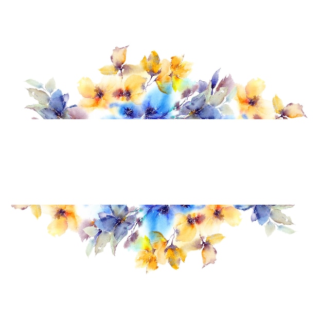 Floral frame with blue yelloe flowers Waterolor floral border Floral greeting card Wedding Banner