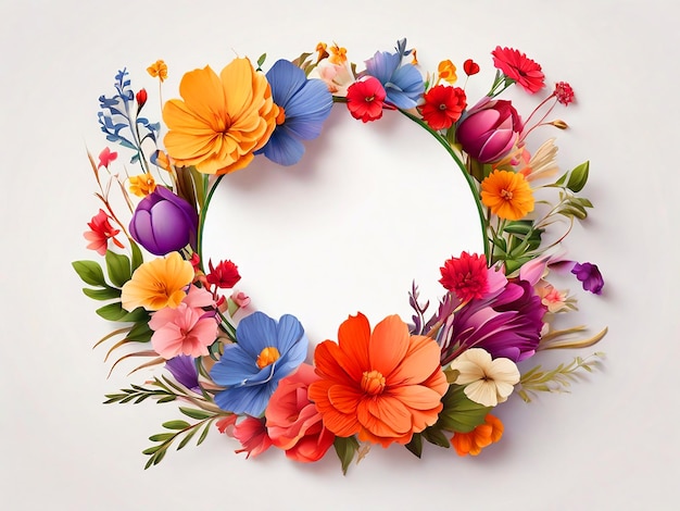 A floral frame with a circle generates an image with a bouquet of colorful flowers a white backgroun