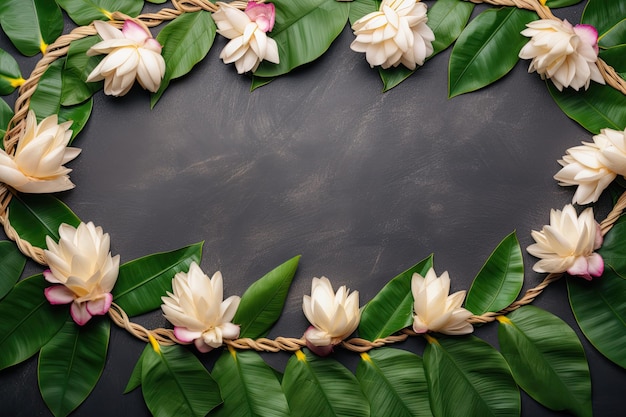 A floral frame with flowers and leaves on a dark background.