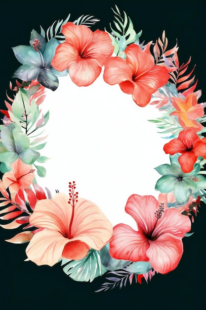 A floral frame with hibiscus flowers on a dark background.