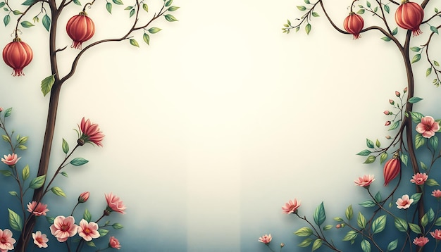 A floral frame with pink blossoms and red flower buds on a white to blue gradient background