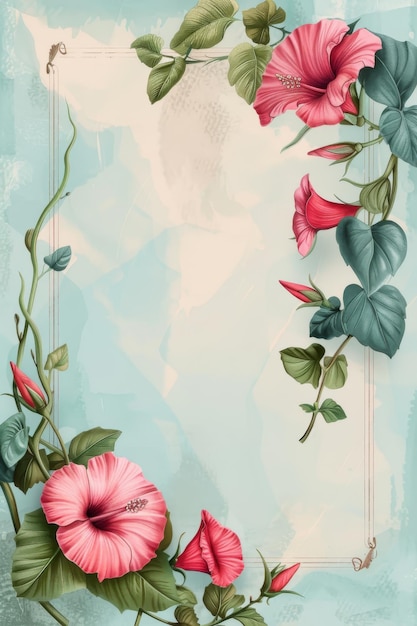 Floral Frame With Pink Flowers on Blue Background