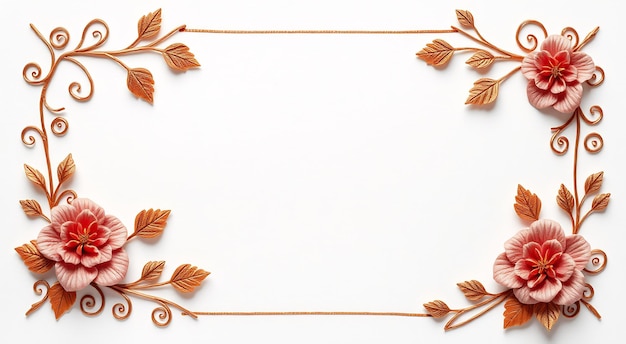 Floral frame with pink flowers and copper leaves on a white background