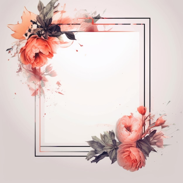 A floral frame with pink flowers and leaves on a white background