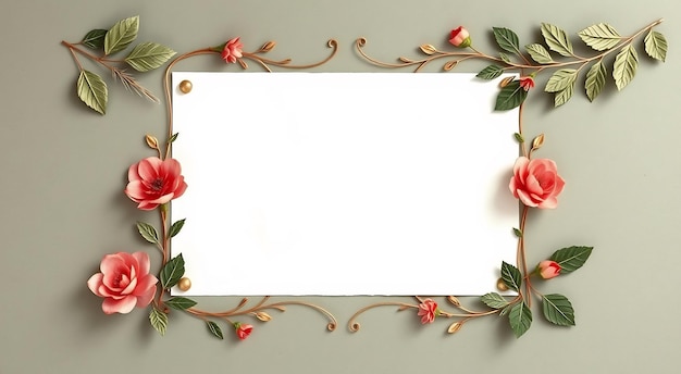 Floral frame with pink flowers and a white paper on gray background