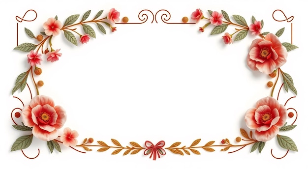 Photo floral frame with red flowers and gold leaves on a white background