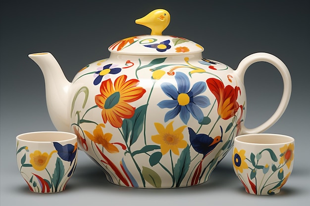 Photo floral handpainted teapot and two tea cups set elegant design and matching accessories