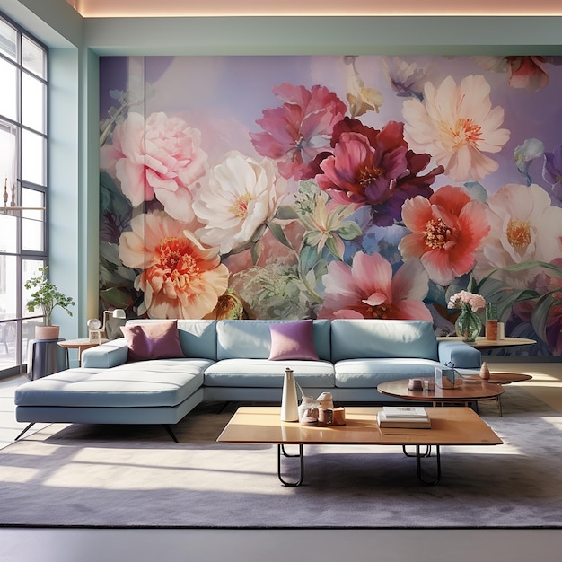 Floral Harmony Modern Living Room Interior with Beautiful Mural