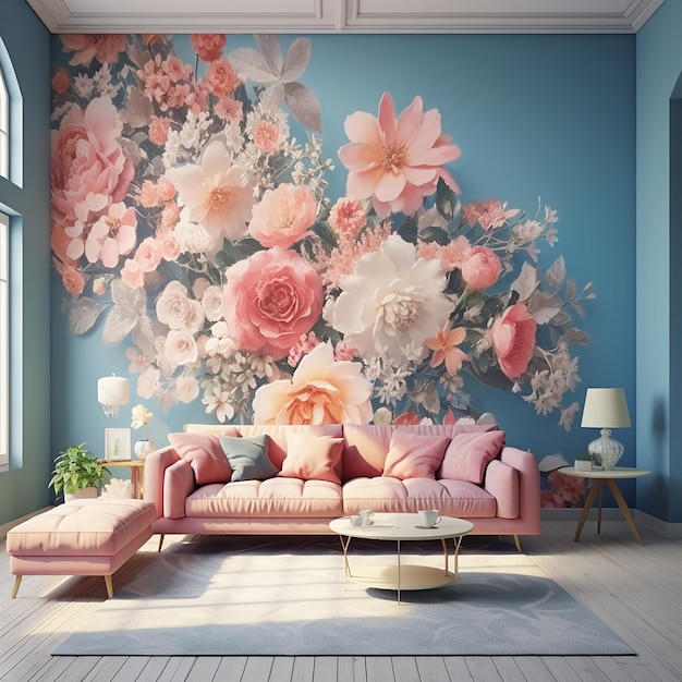 Floral Harmony Modern Living Room Interior with Beautiful Mural