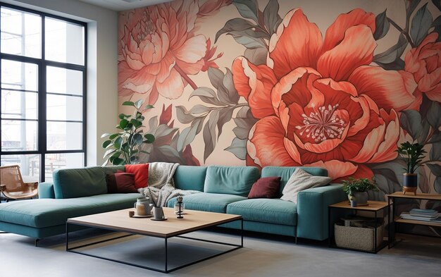 Floral Harmony Modern Living Room Interior with Beautiful Mural