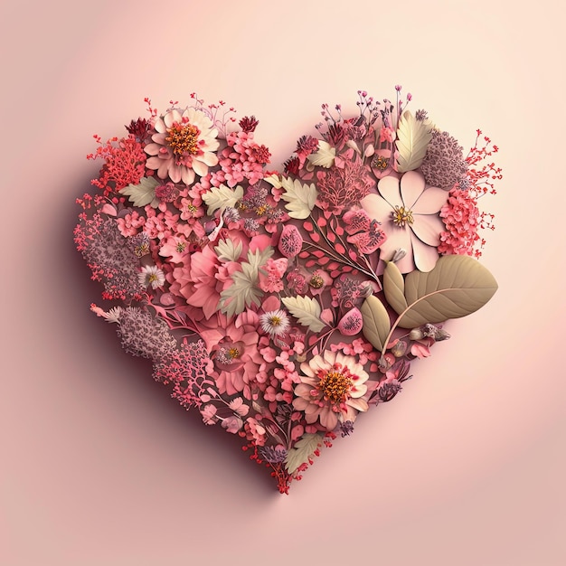 Floral heart on pink background Spring summer love nature concept AI