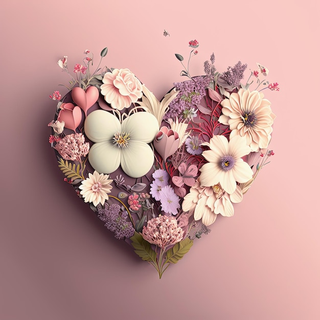 Floral heart on pink background Spring summer love nature concept