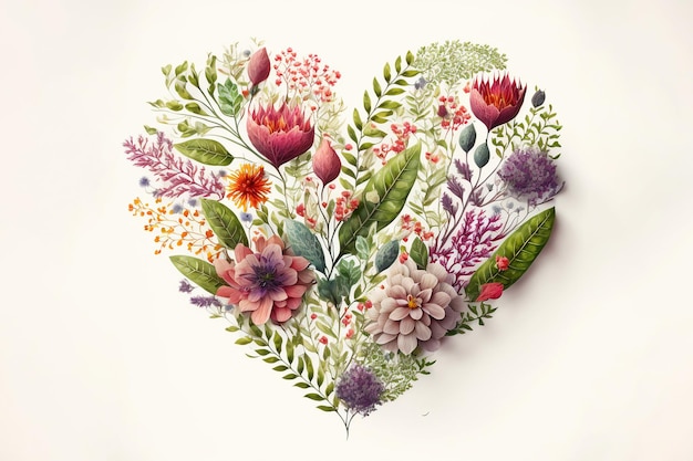 Floral heart with decorative plants and flowers