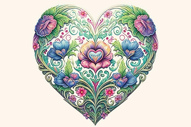 Floral heart with flowers herbs and leaves