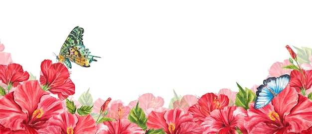 Floral horizontal border with tropical red flowers green leaves hibiscus Watercolor isolated pattern