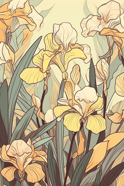 A floral illustration of yellow irises with green leaves.