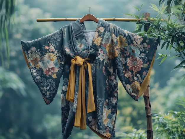 Photo floral kimono with flowing sleeves hanging gracefully on a bamboo hook