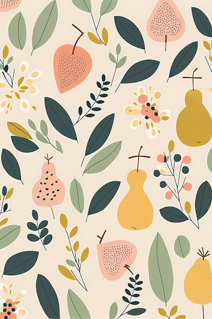 Floral leaves pattern and fruit hand drawn illustration