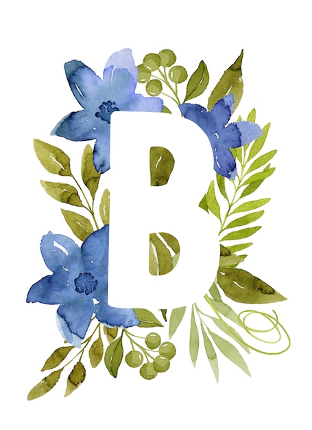 Photo floral letter b monogram blue watercolor flowers green leaves and berries floral lettering