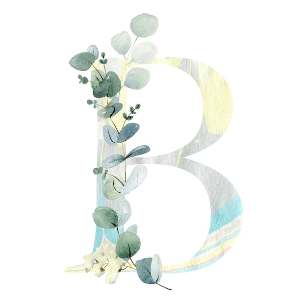 Floral letter B with eucalyptus leaves