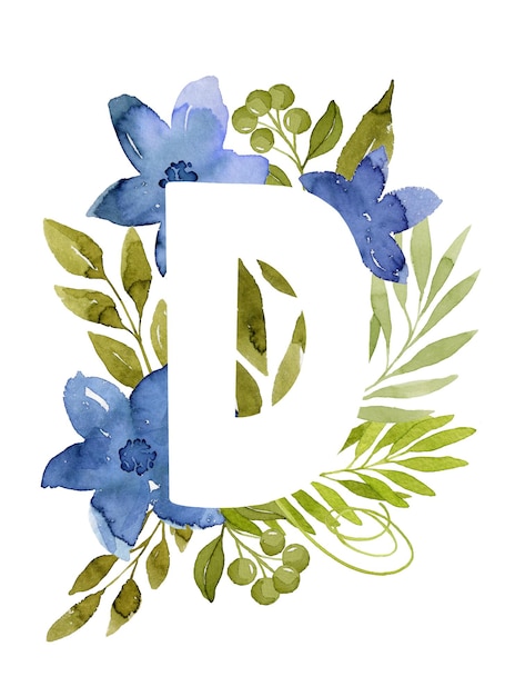 Floral letter D monogram blue watercolor flowers green leaves and berries floral lettering