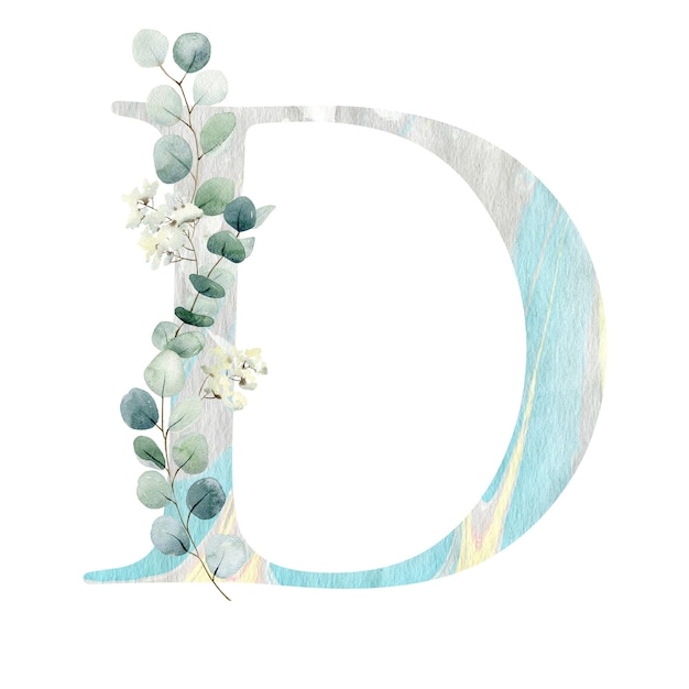 Floral letter D with eucalyptus leaves