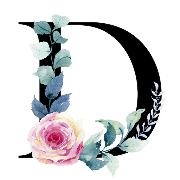 Floral letter D with watercolor roses