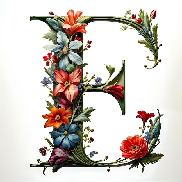 Photo floral letter e with delicate flowers and leaves