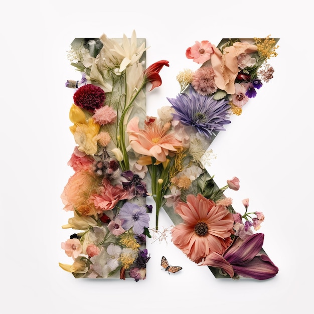 A floral letter k is made with flowers and butterflies.