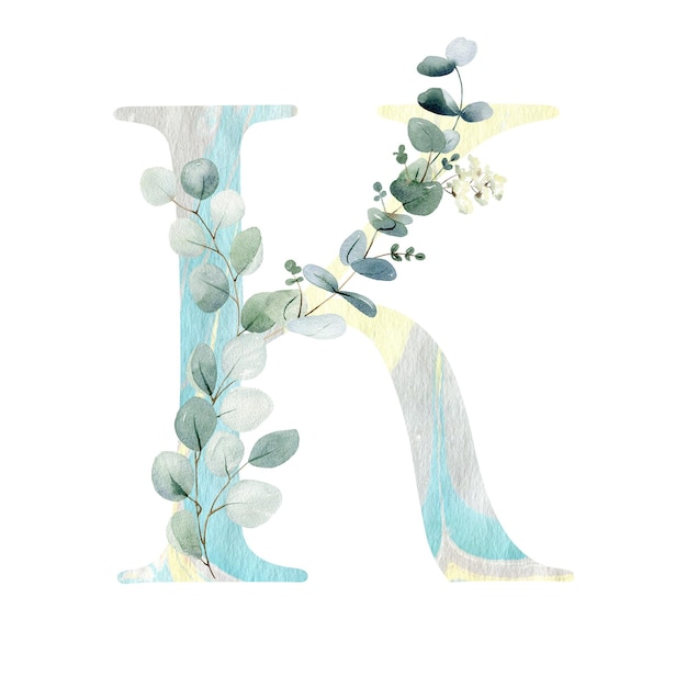 Floral letter K with eucalyptus leaves