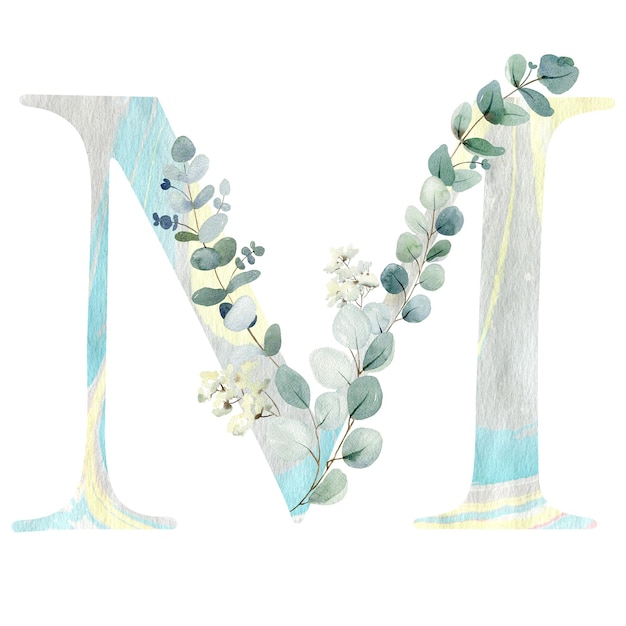 Floral letter M with eucalyptus leaves