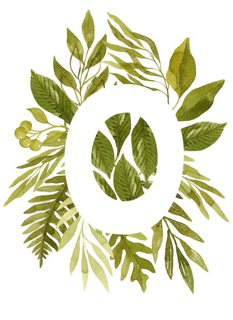 Floral letter O monogram green watercolor leaves ferns eucalyptus and berries floral lettering