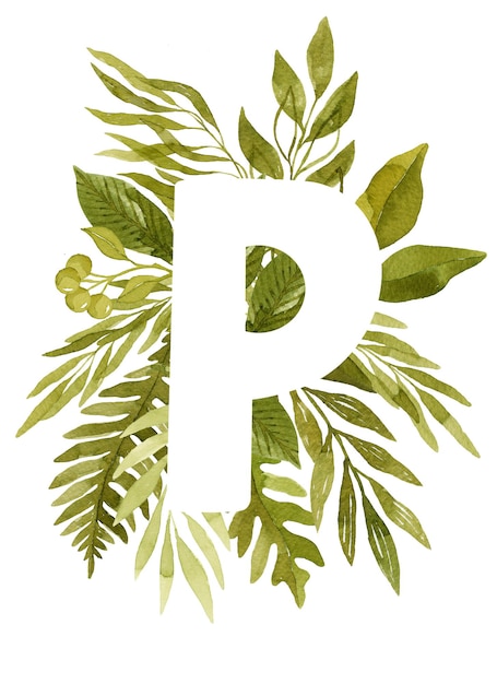 Photo floral letter p monogram green watercolor leaves ferns eucalyptus and berries floral lettering