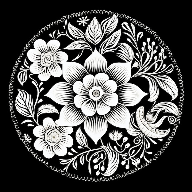 Floral Mandala in a Circle on Black Background