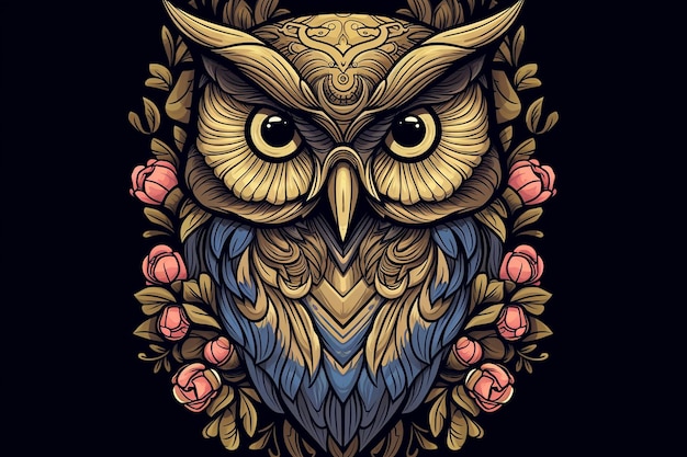 Floral mandala owl outline design