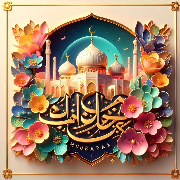 Floral MiladunNabi 3D Greeting with Mosque Silhouettes amp Calligraphy