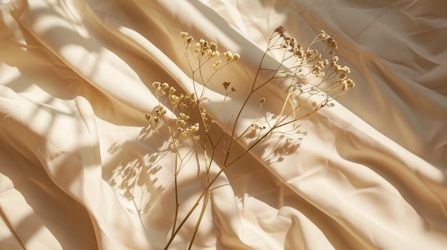 Photo floral neutral aesthetic background sunlight shadows on a neutral beige cloth with copy space