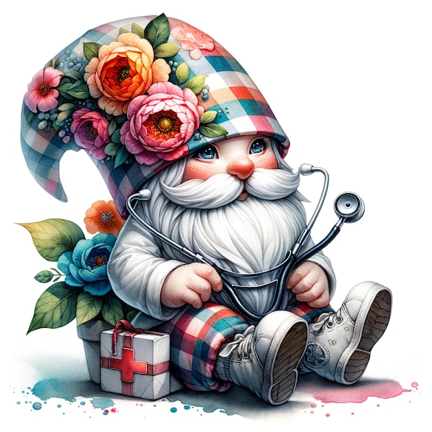 Floral Nurse gnome with stethoscope amp shot with Clipart